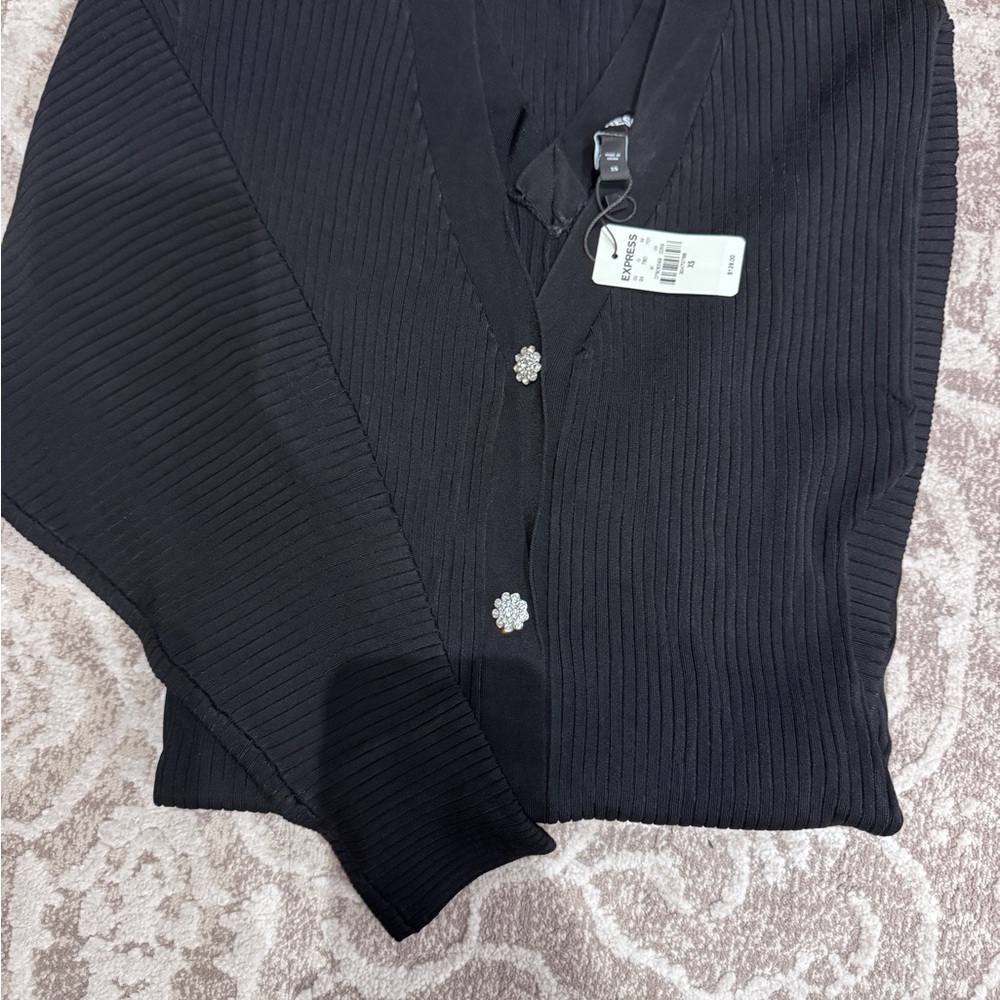 Express Black Ribbed V-Neck Dress with Rhinestone Button - Picture 4 of 7